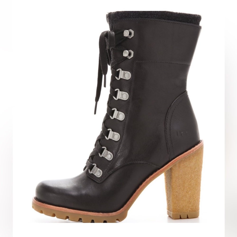 Ugg Black Leather Zipper/Lace Up Double Layer Block Heel Combat Boots Wool Sz 8
